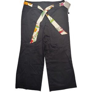 Focus 2000 WIDE LEG CROP Women 10 Black Pull-on Floral Tie‎ Belt Pants NEW